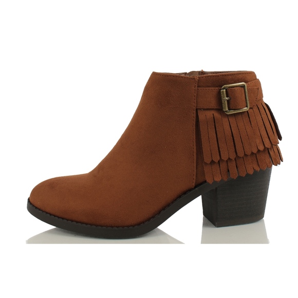 Shoes - Cognac Faux Suede Back Fringe Ankle Bootie